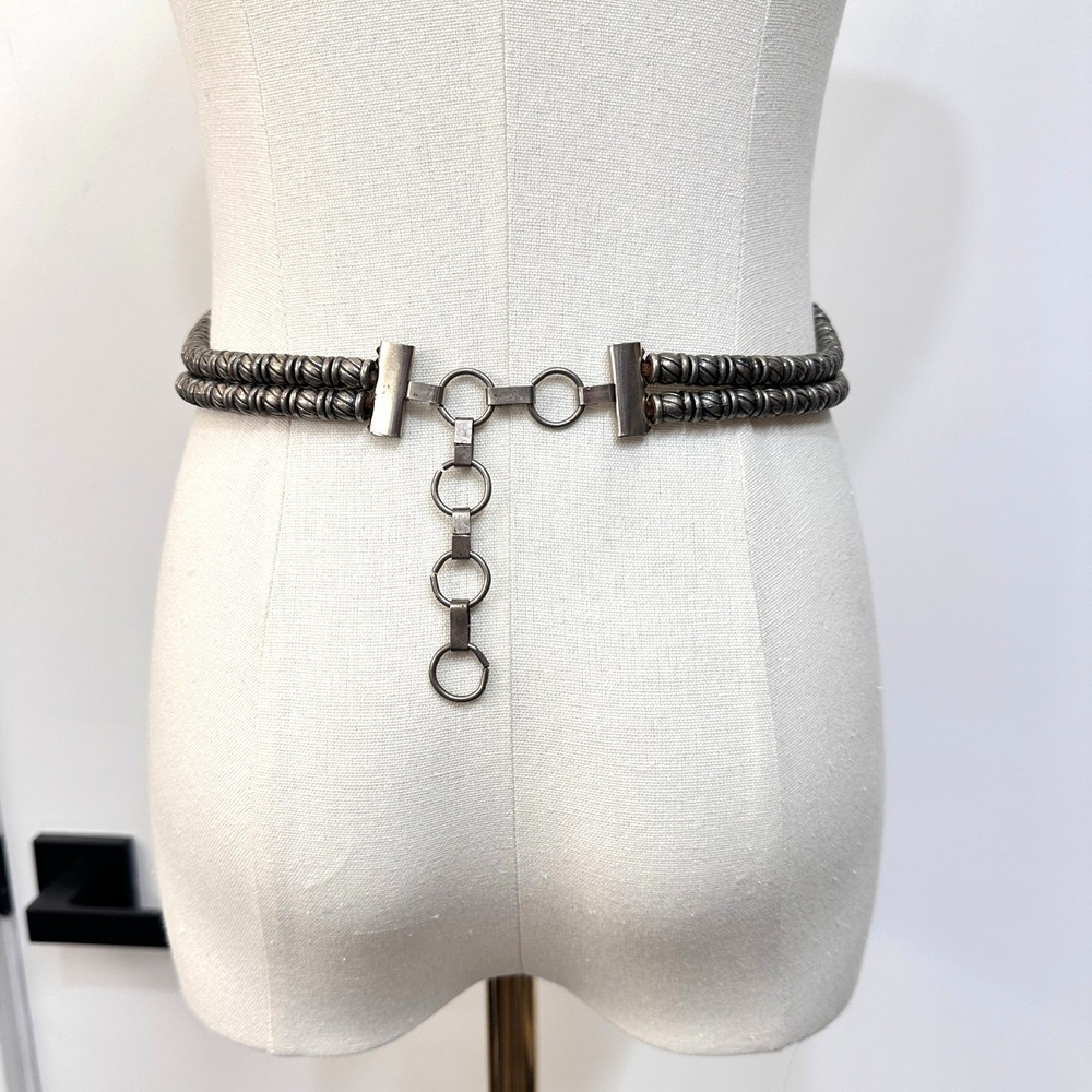 VTG 90s Pewter Tone Disc Waist Belt S/M Leather Laced Stretch Adjustable - Picture 6 of 8
